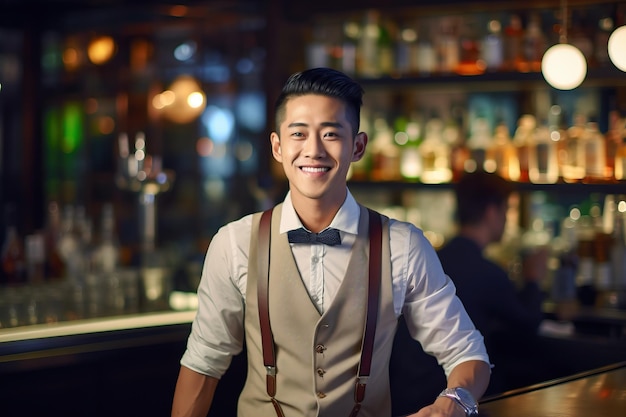 Um homem parado na frente de um bar com um bar atrás dele.