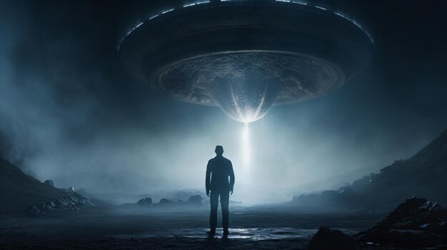 um homem parado na frente de uma grande nave alienígena