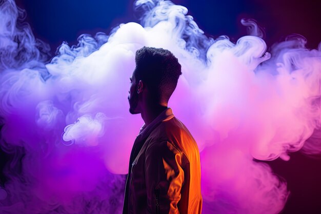 um homem parado na frente de uma nuvem de fumaça com luzes de neon