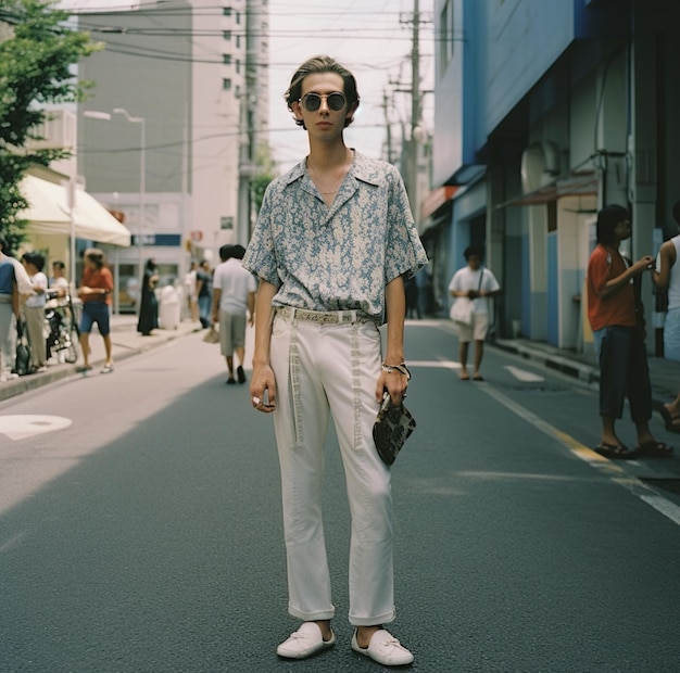 Um homem parado na rua vestindo uma camisa