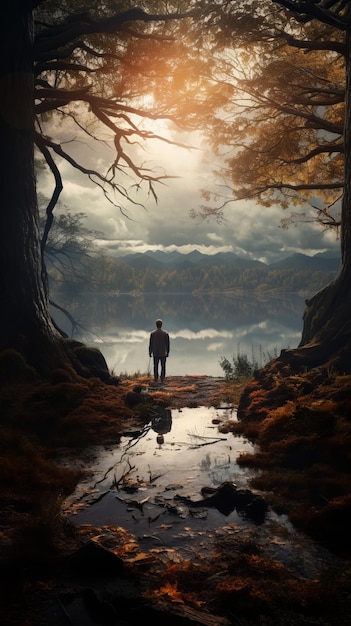 um homem parado no meio de um lago cercado por árvores