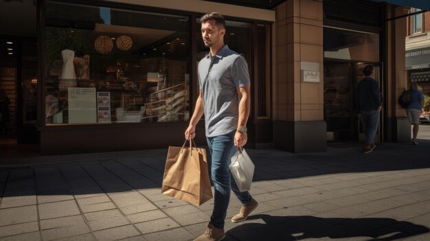 Um homem passa pela rua com um saco de kraft na mão.