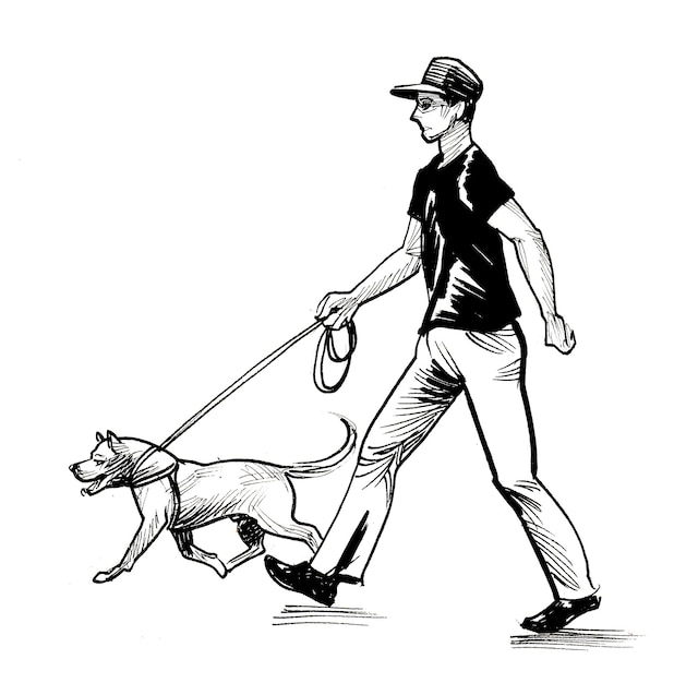Um homem passeando com um cachorro de chapéu