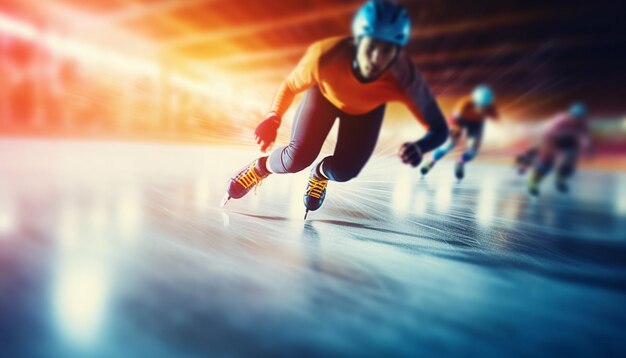 Foto um homem patinando no gelo com uma camisa amarela