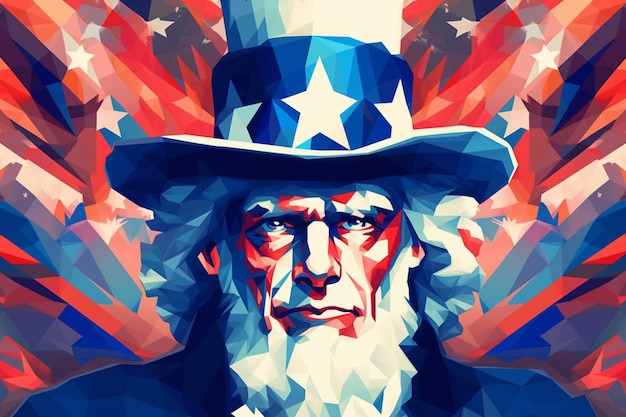 Um homem patriótico com um chapéu e estrelas na cabeça