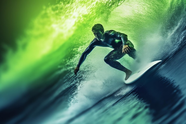 Um homem pegando uma onda em uma prancha de surf com um fundo verde.