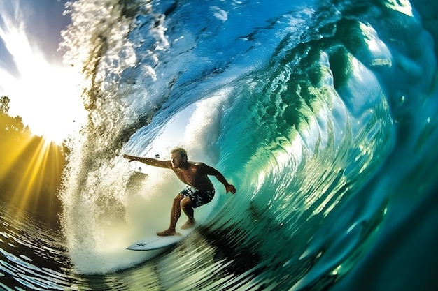 Um homem pegando uma onda em uma prancha de surf no oceano.
