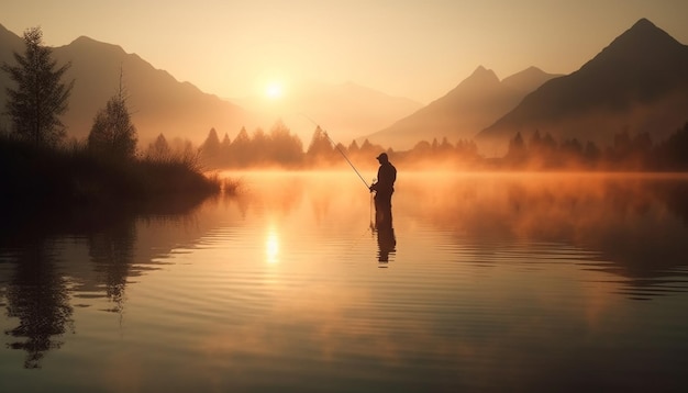 Foto um homem pescando ao amanhecer iluminado pela silhueta do nascer do sol gerada por ia