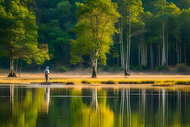 Um homem pescando em um lago com árvores ao fundo