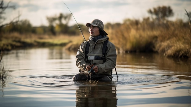 Um homem pescando em um lago com um chapéu