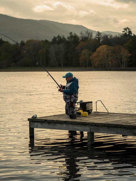 Foto um homem pescando em um lago em uma doca de madeira