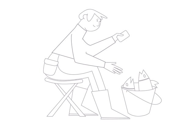 Um homem pescando Ilustração em estilo de arte de linha Turismo pescador de passatempo