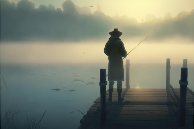 Um homem pescando no lago durante um amanhecer enevoado Conceito de fantasia Ilustração pintura Generative AI