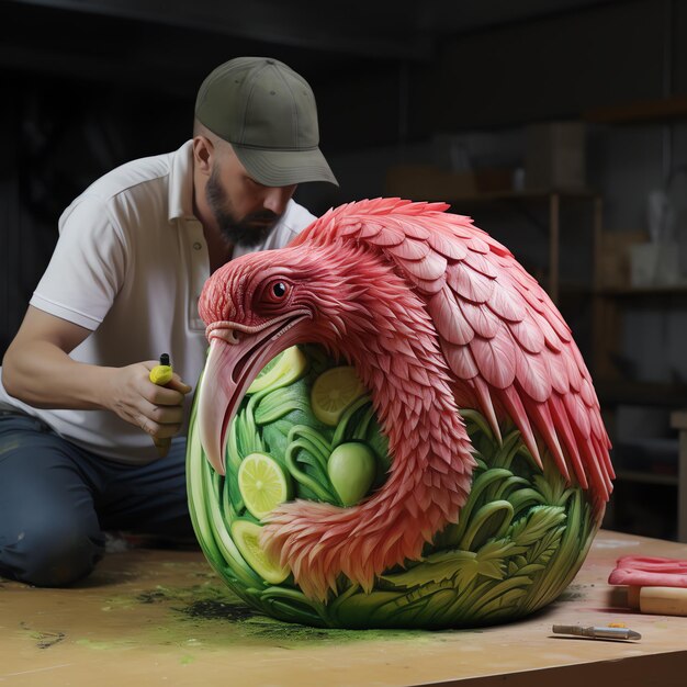 um homem pintando um pássaro em uma fruta