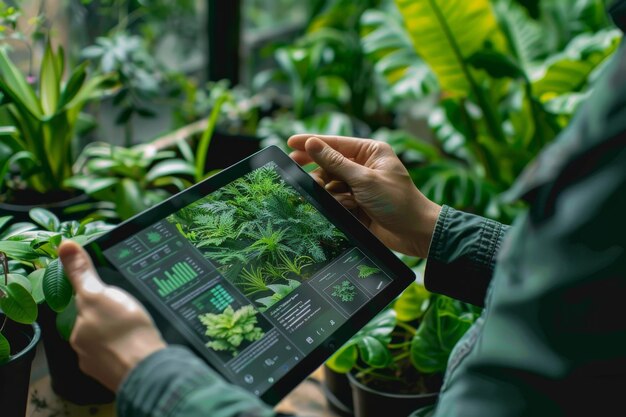 Foto um homem planta de pesquisa no laboratório ia generativa