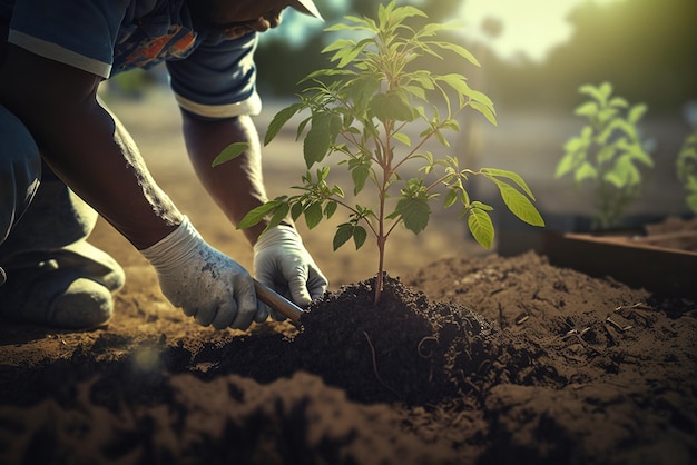 Um homem planta um broto de árvore no solo