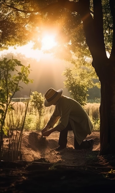 Um homem plantando uma árvore ao sol