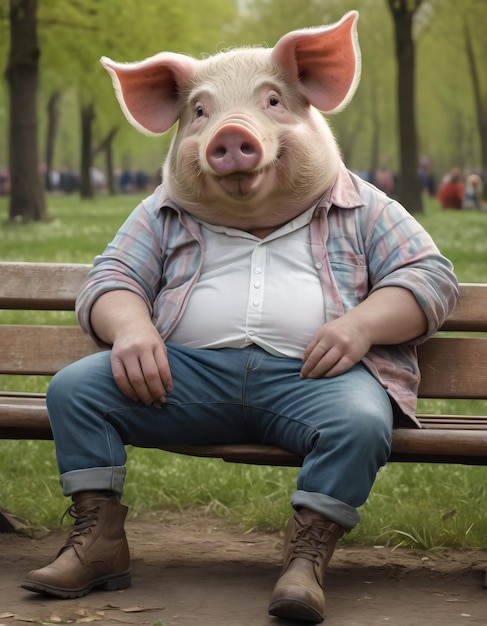 um homem porco propomórfico sentado em um banco do parque na primavera