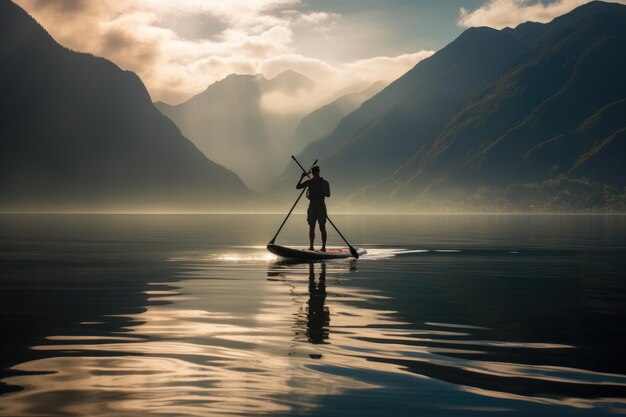 Um homem pratica standup paddle em um lago sereno