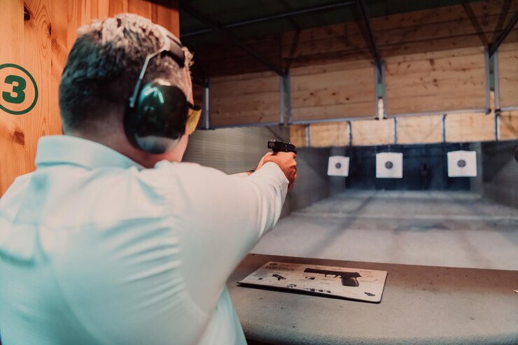 Foto um homem pratica tiro com pistola em um campo de tiro enquanto usa fones de ouvido de proteção.