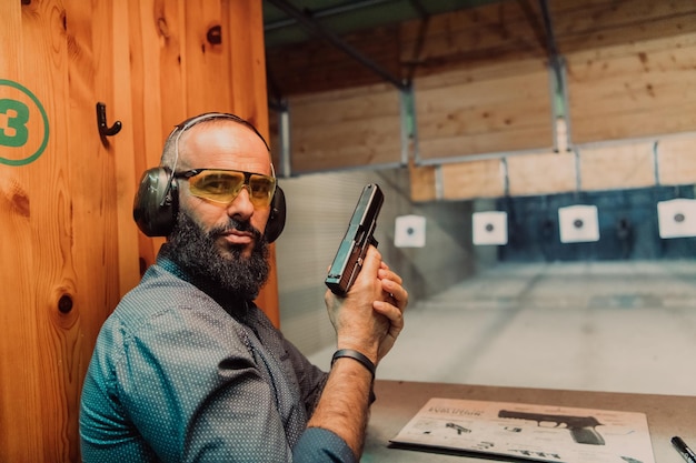 Foto um homem pratica tiro com pistola em um campo de tiro enquanto usa fones de ouvido de proteção.