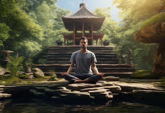 Um homem praticando atenção plena e meditação em um ambiente natural pacífico