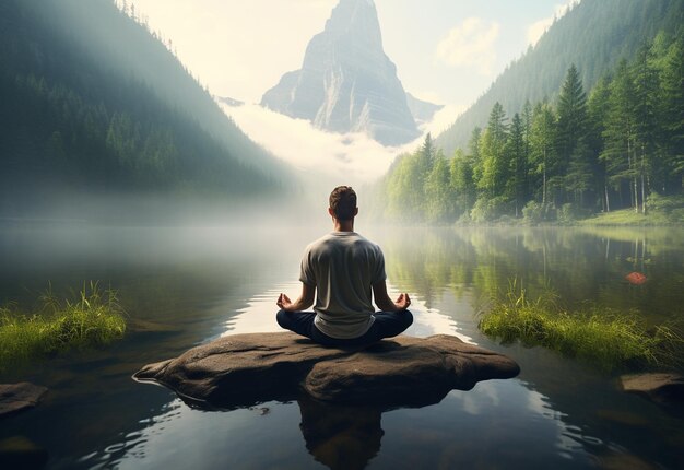 Um homem praticando atenção plena e meditação em um ambiente natural tranquilo