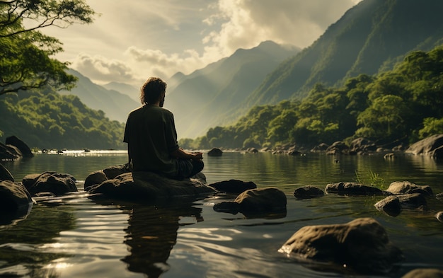 Um homem praticando atenção plena e meditação em um ambiente natural tranquilo