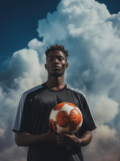 Foto um homem preto segurando uma bola de futebol contra nuvens de fumaça