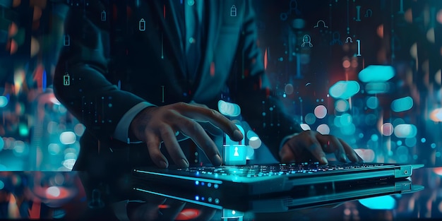 Um homem profissional de terno trabalhando em um laptop para proteger os dados do cliente com um cadeado holográfico no fundo Conceito de Segurança Cibernética Tecnologia Profissional Segurança Digital