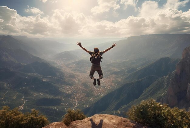 Foto um homem pulando alto acima das montanhas no estilo de celebração alegre da natureza