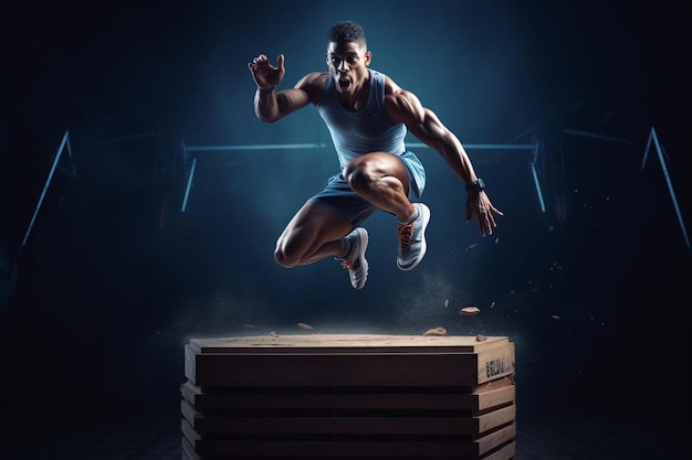 um homem pulando sobre uma caixa com uma camisa azul