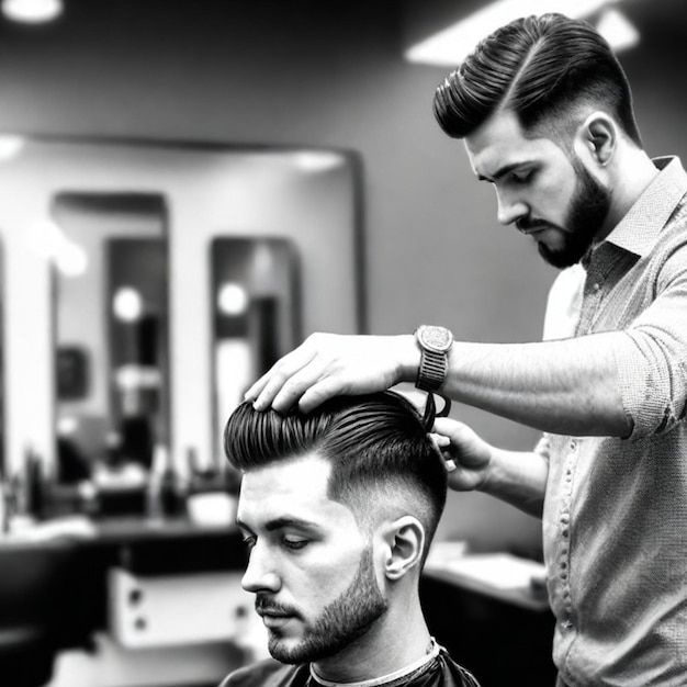 Foto um homem recebendo um corte de cabelo por um barbeiro barbearia masculina para redes sociais modelo de design post banner