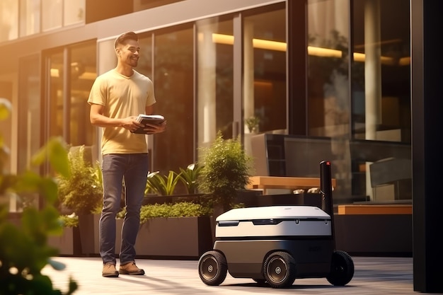 Um homem recebeu um pacote de um robô de entrega Carro robótico autônomo