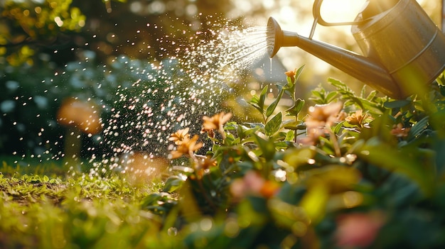 Um homem regando um jardim recém-plantado em seu quintal durante a primavera