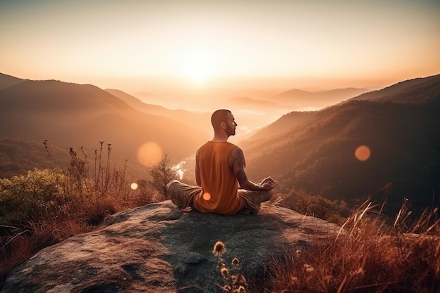 Um homem relaxa e medita no topo de uma montanha na luz do pôr do sol extrema closeup Generative AI