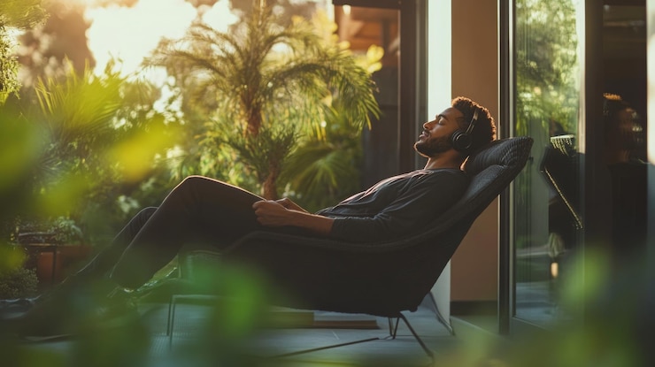 Foto um homem relaxa em uma cadeira aconchegante enquanto desfruta de música em uma sala iluminada pelo sol e cercada por vegetação