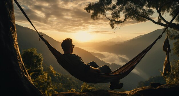 Foto um homem relaxando em uma hamaca contra um pano de fundo de natureza bonita