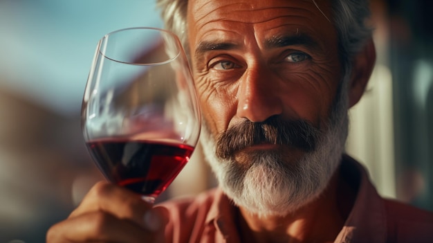 Foto um homem rico, bonito e de meia-idade com um copo de vinho.