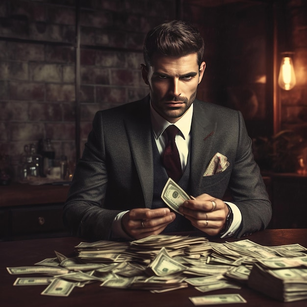 Um homem rico de terno contando dinheiro em uma mesa