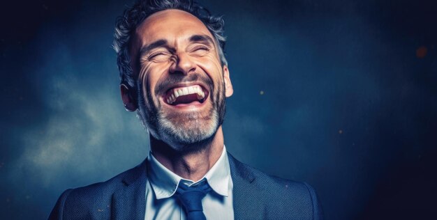 Um homem rindo com a boca aberta e a boca aberta.