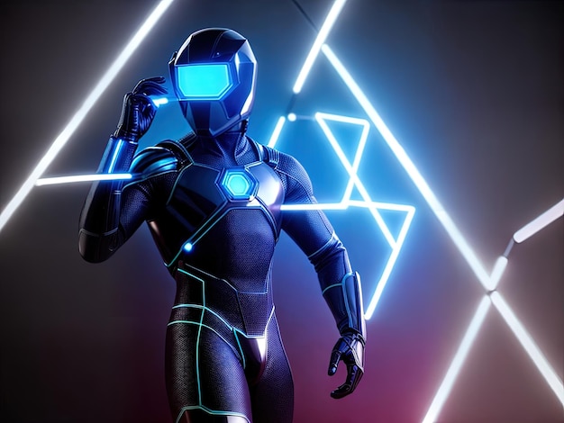 Um homem robô humanóide ciborgue em traje de super-herói luz neon