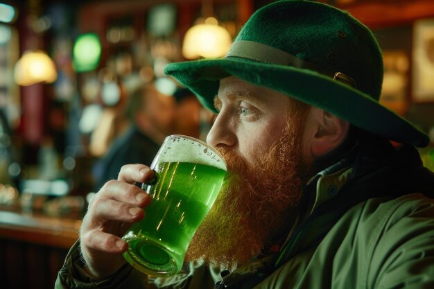 Um homem ruivo barbudo com um chapéu verde bebe cerveja verde em um bar no St. Patrick's Day.