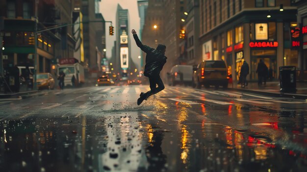 Um homem salta sobre uma poça no meio de uma rua movimentada da cidade A rua está molhada pela chuva e as luzes da cidade são refletidas na água