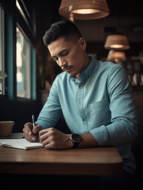 Foto um homem se senta à mesa e escreve em um caderno.