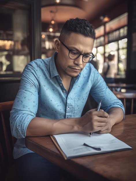 Um homem se senta à mesa e escreve em um caderno.