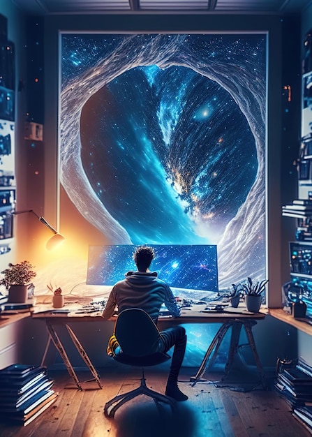 Um homem se senta em frente a um computador e vê o universo