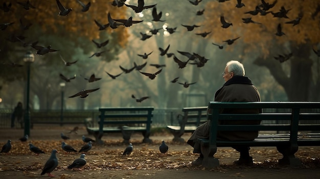 Um homem se senta em um banco cercado por pássaros e a palavra "pássaros"