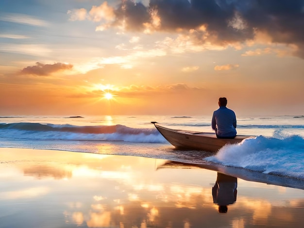 Um homem se senta em um barco na praia ao pôr do sol.