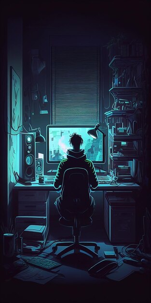 Um homem se senta em um computador em frente a uma sala escura com um monitor iluminado que diz 'cyberpunk'